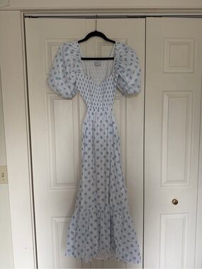 Faithfull the Brand White Maxi Dress with Blue Floral Print